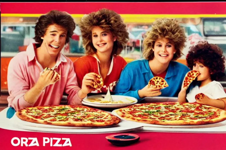 Prompt: pizza!!!!, 80s, advertisement