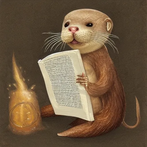 Prompt: a medieval otter abbot reading his book, fantasy concept art by nicoletta ceccoli, mark ryden, lostfish, max fleischer