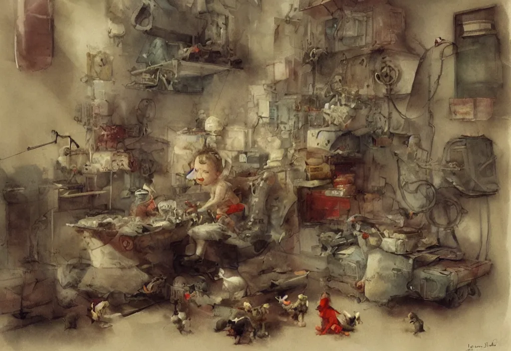 Image similar to adventurer ( ( ( ( ( 1 9 5 0 s retro future living room. muted colors. toys laying around ) ) ) ) ) by jean baptiste monge, chrome red