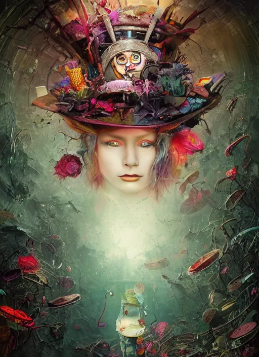 Prompt: mad hatter, solarpunk style, highly detailed, cinematic, 8 k, by megan duncanson, benjamin lacombe, adrian borda, stanley artgermm, tom bagshaw, craig mullins, carne griffiths, ayami kojima, beksinski, giger, trending on deviantart, hyper detailed, horror, full of colour