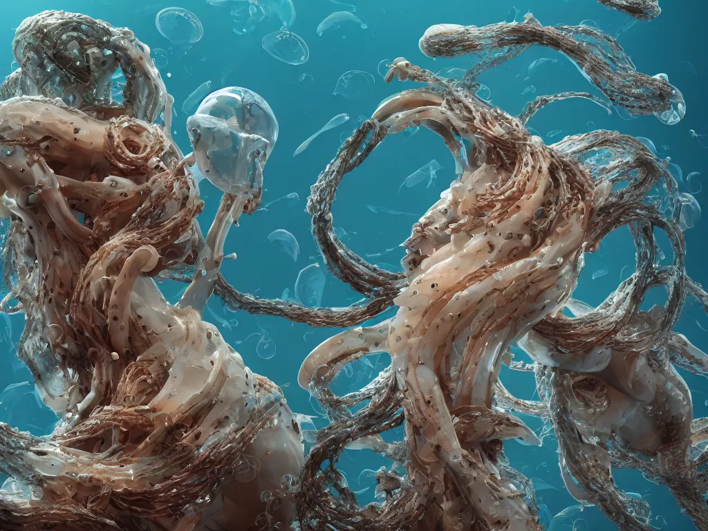 Prompt: a sculpture of ocean shark intertwined, a lovely cornucopia of flowers and human body parts, jellyfish, highly detailed, octane render, cinematic, shock, sharp focus, super resolution