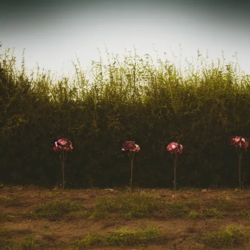 Image similar to black roses lined up on a gravel road, atmospheric light, 8 k photography