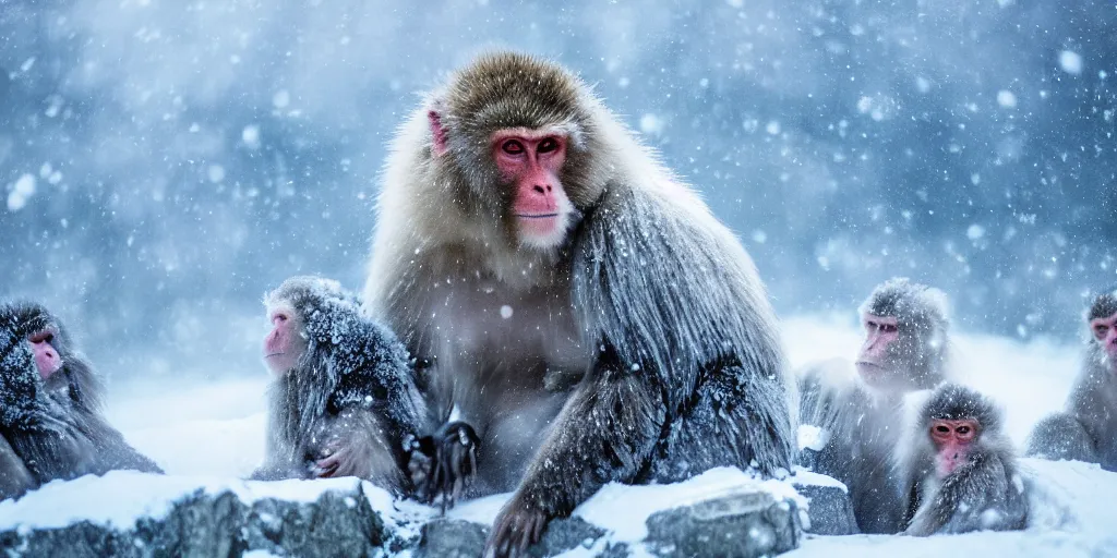 Prompt: scenic mountain setting, a family of snow monkeys gather at the natural spa to get warm, highly detailed, snow flurry, cold, steamy, desaturated blue, inquisitive, striking, contemplative, happy, content, warm, style of Anato Finnstark