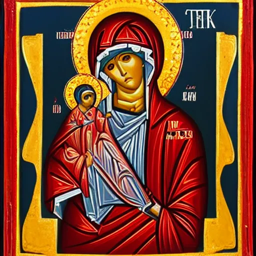 Prompt: red and silver icon of the Theotokos