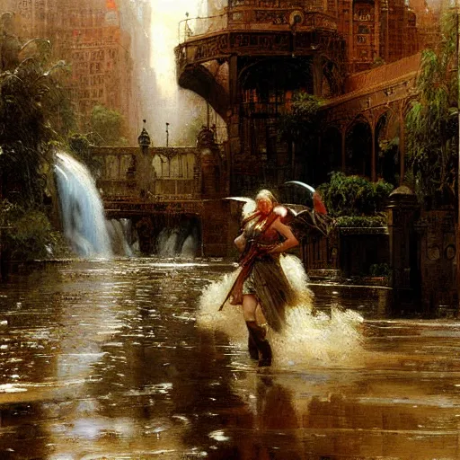 Image similar to waterfall flooding an entire city. victorian age. highly detailed painting by gaston bussiere, craig mullins, j. c. leyendecker