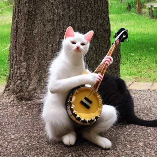 Prompt: cat cheerfully playing a banjo, sitting on a mushroom