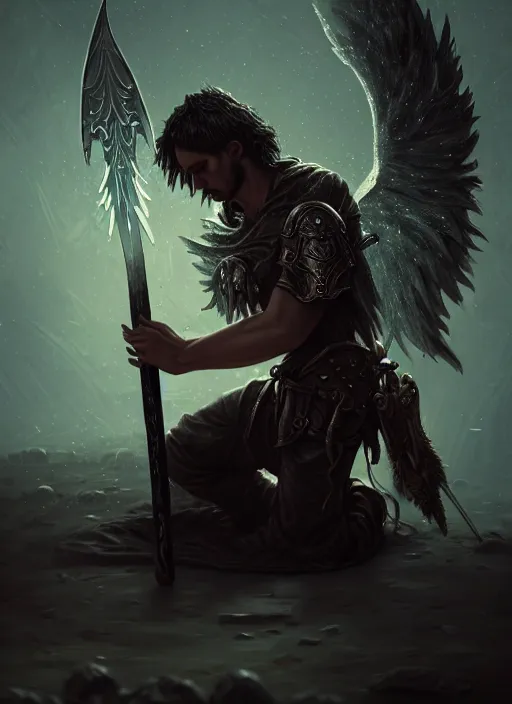 Image similar to fantasy art, fallen man angel kneeling on the knees with a sword and shield, close-up, bokeh. dark art masterpiece artstation. 8k, sharp high quality illustration in style of Jose Daniel Cabrera Pena and Leonid Kozienko, Tooth Wu, studio lighting. angel with big wings