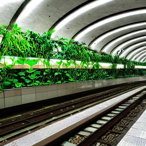 Image similar to subway station, lots of green, plants, ecofuturism