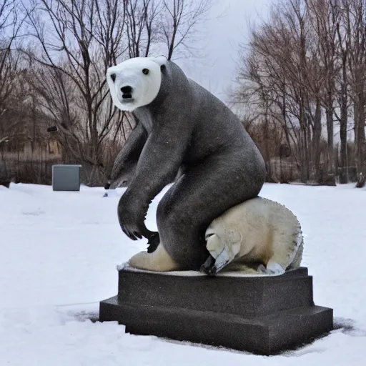 Image similar to pierre trudeau riding a polar bear, metal sculpture