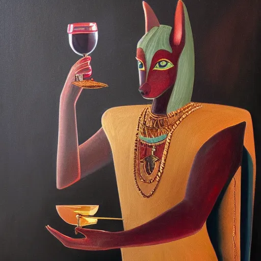 Prompt: an oil painting of Anubis holding a golden goblet of red wine, realistic, highly detailed, portrait, 4k, hard lighting