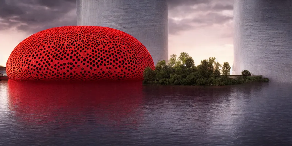 Image similar to An epic architectural rendering of a blob shaped trypophobia house with a mysterious red glow emitting from inside in a modern cityscape next to a river, stunning, gorgeous, golden ratio, photorealistic, featured on artstation, 4k resolution