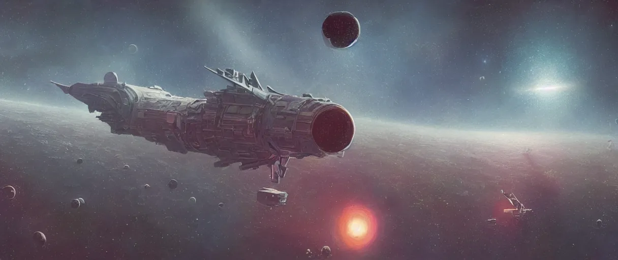 Image similar to illustration, a single small spaceship, deep space exploration, alone, the expanse tv series, industrial design, nebula, cinematic lighting, 4k, greebles, widescreen, wide angle, sharp and blocky shapes, rich colors, highly detailed painting, beksinski