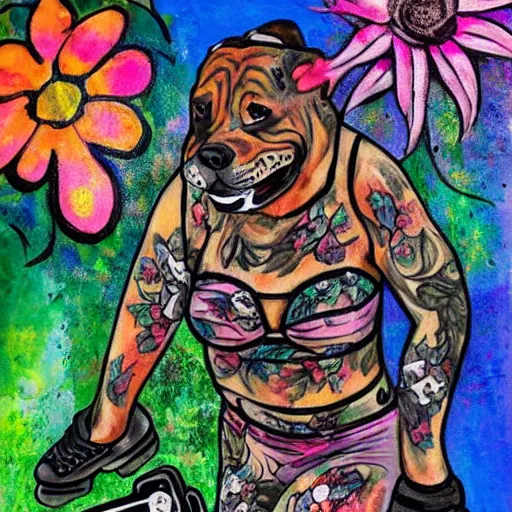 Image similar to brindle pitbull playing roller derby with skates happy surrounded by flowers tattoo style. painting. impressionist. big paint strokes. colorful.