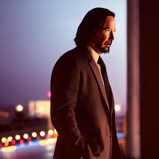 Image similar to a still of Keanu Reeves. Shallow depth of field. City at night in background, lights, colors ,studio lighting, mood, 4K. Profession photography