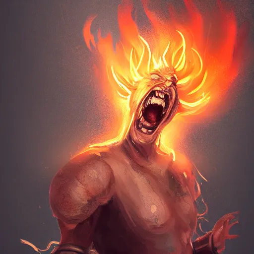 Image similar to Illustration of the King of ashes, he is casting a huge fireball while laughing with a crazy look by Julen Urrutia, trending on artstation