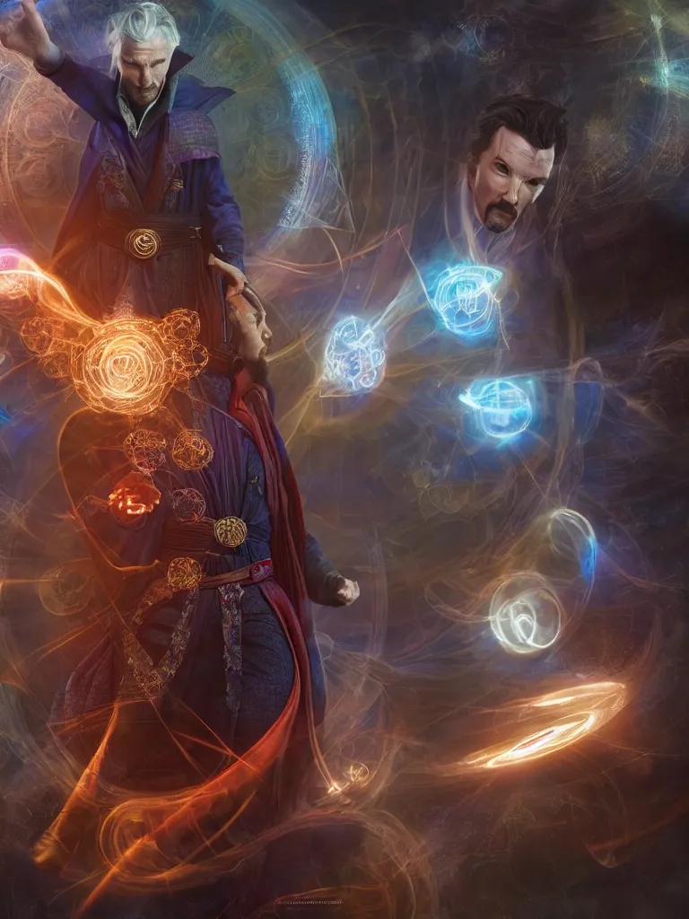 Image similar to Doctor Strange enters the multiverse, painting by alex gray, octane render, zbrush, art alien, extremely detailed, pastel colors, trending on artstation