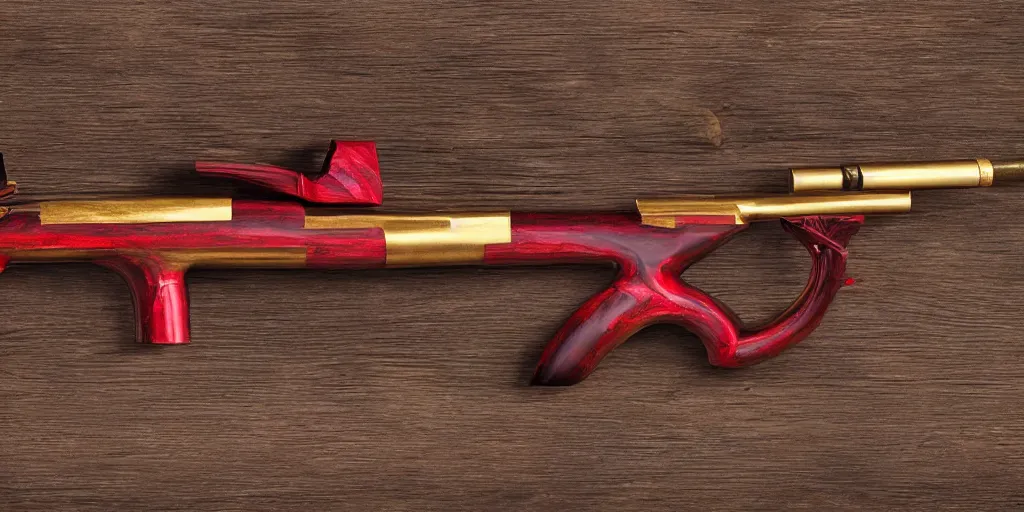 Image similar to a shotgun made from glossy red - painted wood and elements of gold metalwork