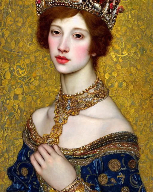 Image similar to a close up of beautiful girl wearing a crown wearing and golden jewellery surrounded by colourful intricate patterns, by edgar maxence and caravaggio and michael whelan, intricate painting, hyper realistic, extremely detailed and beautiful aesthetic face, 8 k resolution