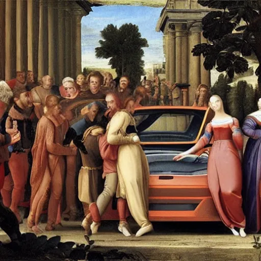 Prompt: a renaissance picture of the unveiling of a delorian car to a crowd of amazed scholars