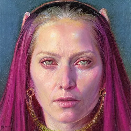 Prompt: frontal portrait of a priestess, wearing pink, by donato giancola.