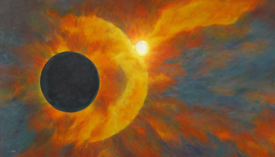 Image similar to the sun seen from earth with a hexagonal shield in between, oil painting