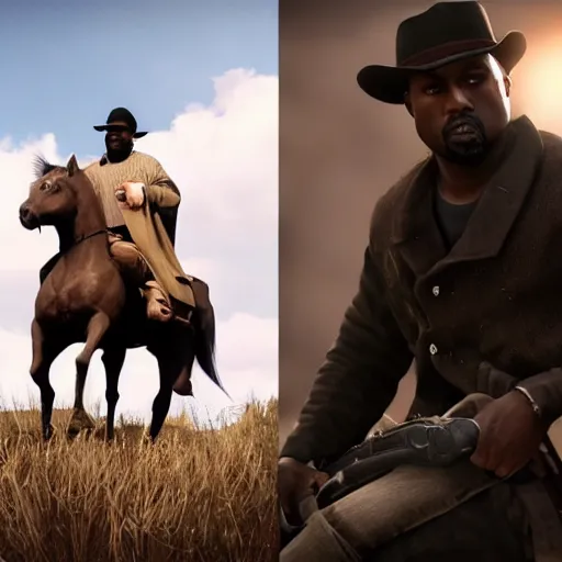 Image similar to kanye west as a horse in red dead redemption, splash art, movie still, detailed face, photorealistic facial features, cinematic lighting, dramatic, octane render, long lens, shallow depth of field, bokeh, anamorphic lens flare, 8 k, hyper detailed, 3 5 mm film grain