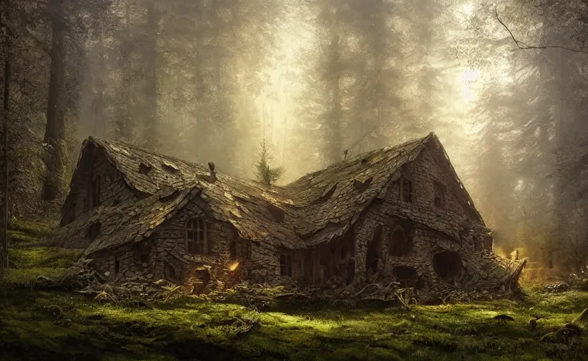 Prompt: A mushroom house that has been destroyed and now it is in rumbles , light coming from the windows, in a dark forest, macro, underexposed, overecast, mysterious matte painting by greg rutkowski and marc simonetti and Ivan Shishkin