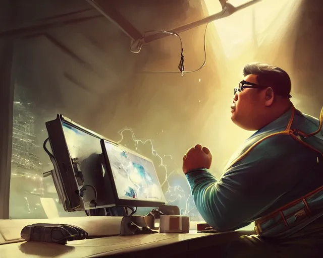 Prompt: an insanely detailed painting of a slightly chubby, nerdy asian man wearing a superhero costume, sitting at a desk, staring at the nervously at the computer and typing, in the style of peter mohrbacher, dramatic lighting and composition, octane render, pixar, trending on artstation, concept art, comic book, view from behind