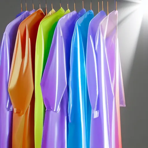 Image similar to an ultra high definition professional studio quality photograph of a transparent iridescent perspex pastel coloured combined raincoat and tent on a coat hook in an empty white room. dramatic lighting, ray tracing, refraction, shallow d. o. f, colour corrected, golden ratio, three point light. volumetric shadows. light rays.