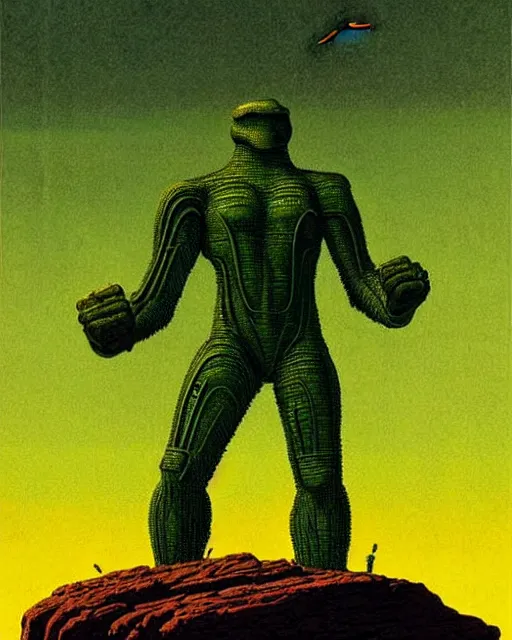 Prompt: portrait giant green humanoid with his fist up, brown armor, background ancient alien landscape, low angle, close up, concept art, intricate details, highly detailed, vintage sci - fi poster, retro future, vintage sci - fi art, in the style of chris foss, rodger dean, moebius, michael whelan, and gustave dore