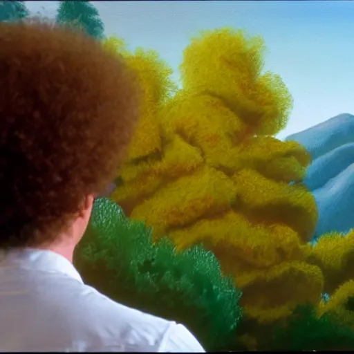 Image similar to a closeup photorealistic photograph of bob ross working on a canvas painting of bart simpson. film still. brightly lit scene. mountains and trees. this 4 k hd image is trending on artstation, featured on behance, well - rendered, extra crisp, features intricate detail, epic composition and the style of unreal engine.