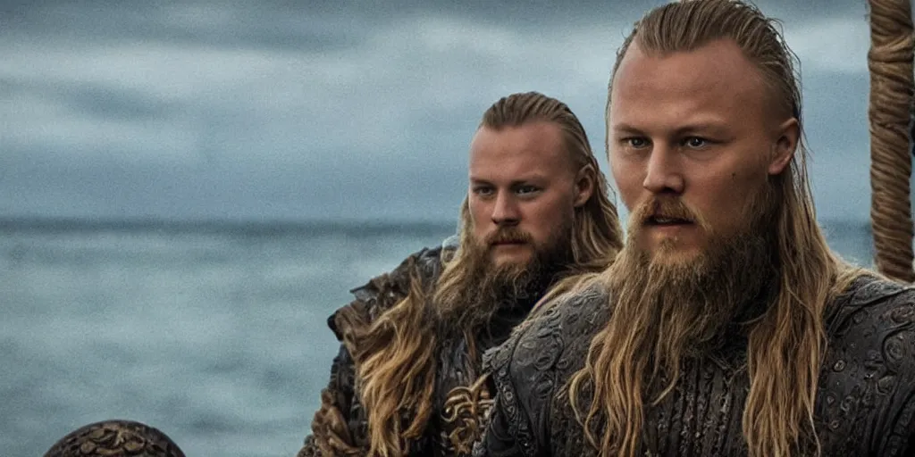 Image similar to ragnar lothbrok in a ship looking for new lands, 8k, ultra realistic