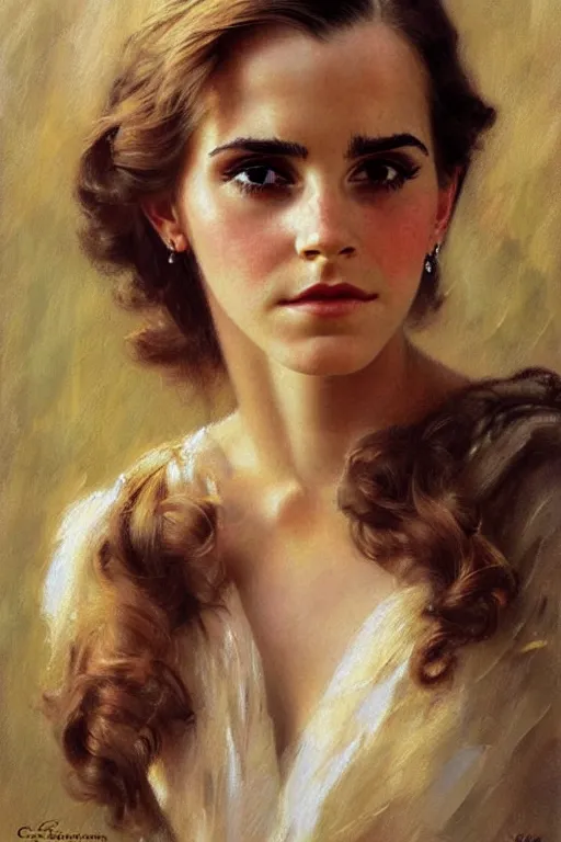 Prompt: detailed portrait of a beautiful emma watson 1 9 7 0 s hairstyle muscular, painting by gaston bussiere, craig mullins, j. c. leyendecker