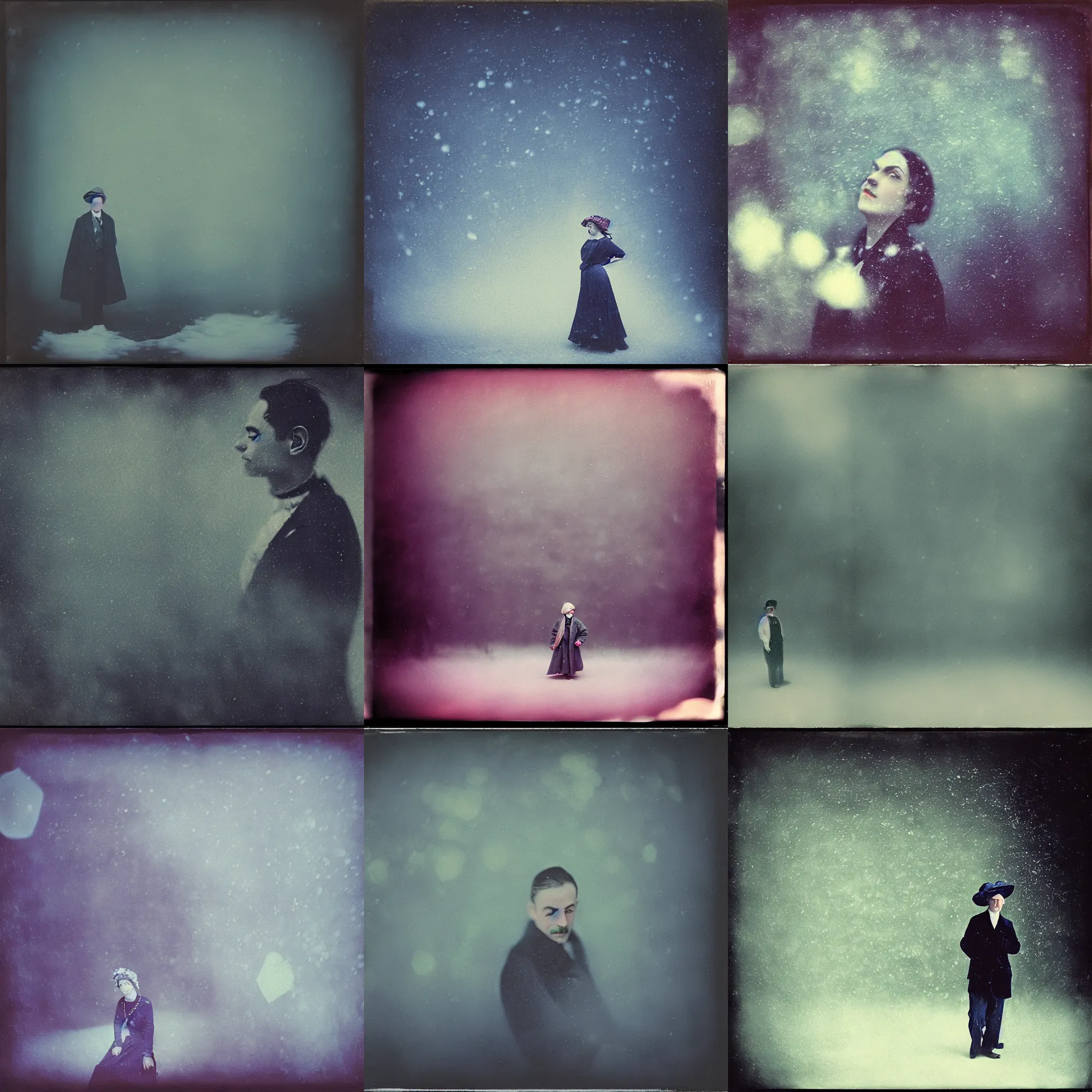 Prompt: kodak portra 4 0 0, wetplate, muted colours, blueberry, 1 9 1 0 s style, motion blur, portrait photo of a backdrop, sparkling, stargazer, snow, fog, by georges melies and by britt marling