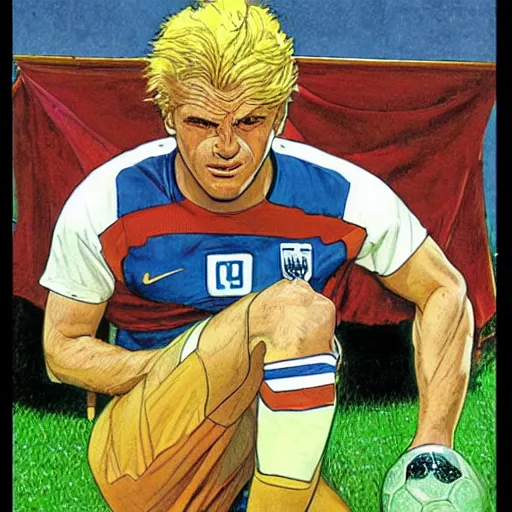 Image similar to a blonde man studying a soccer game. happy, colorful Epic portrait by james gurney and mœbius.