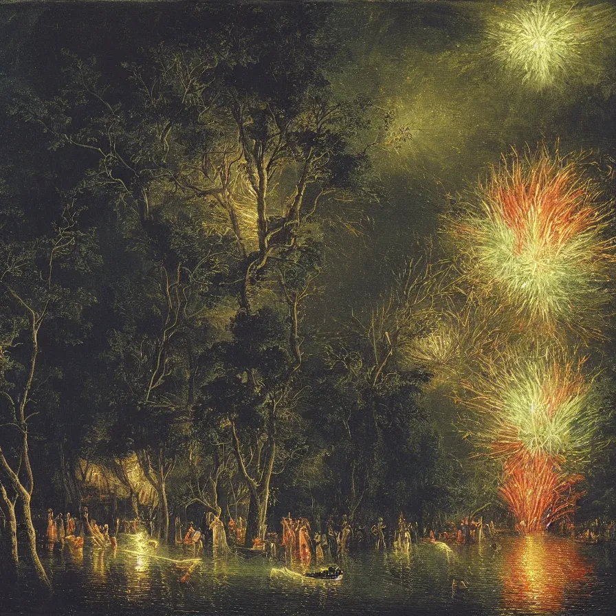 Prompt: a night carnival around a magical in a summer storm, tree cavity with a music scenario with many fireworks and christmas lights, next to a lake with iridiscent lake water, volumetric lightning, folklore people disguised with fantastic creatures in a magical forest by summer night, masterpiece painted by adam elsheimer, scene by dark night environment, refraction lights, five star stories