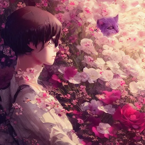 Image similar to kittens in flowers, intricate complexity, by greg rutkowski, artgerm, ross tran, conrad roset, takato yomamoto, ilya kuvshinov. 4 k, beautiful, cinematic dramatic atmosphere