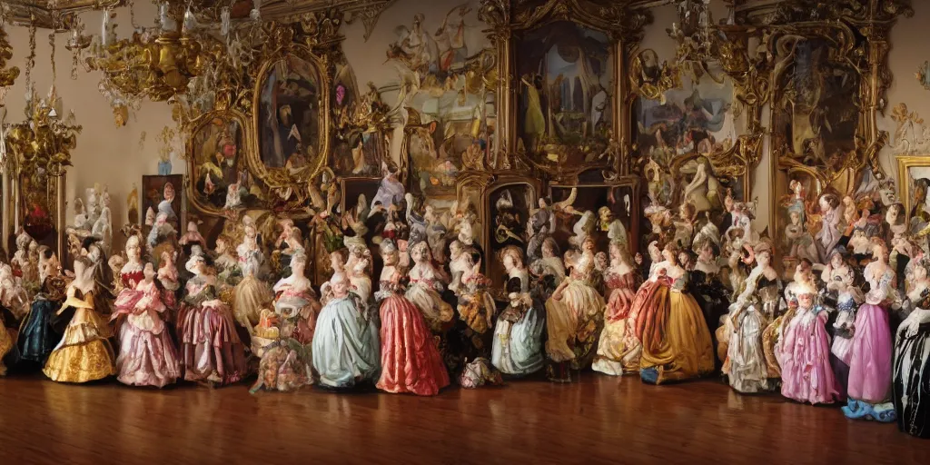 Image similar to Women in baroque dresses, standing in the middle of the room full of toys