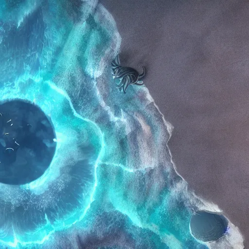 Image similar to top down view of an alien ocean with sea serpent emerging on top of it, detailed, cinematic lighting, storm is happening, unreal engine 4 render, artstaion