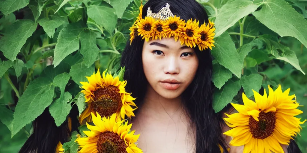 Prompt: queen of sunflowers, crown of vines, asian eyes + blue skin