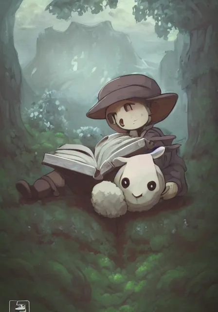 Image similar to beautiful little boy wearing sheep suit reading a book while sitting on chair, gray, blue, green and brown pallet color. made in abyss art style, inspired by kris from deltarrune, cute detailed artwork, anatomically correct, soft details, ilya kuvshinov, reflection, perfect composition, mobile wallpaper, illumination, helltaker, digital art, forest