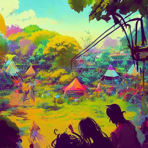 Prompt: hippie bohemian encampment with tie - dye tents and a garden. cyberpunk art by jesper ejsing, by rhads and makoto shinkai and lois van baarle and ilya kuvshinov and rossdraws, cgsociety, panfuturism, nature utopia, bold colors, expressive brushstrokes. anime aesthetic