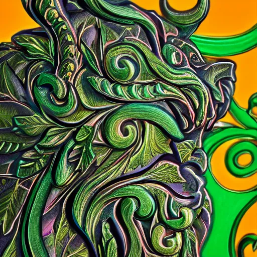 Prompt: colourful highly detailed ornate decorative green man as a cat face 3 d sculplture by walter crane and william morris, closeup, twisting leaves, flowing lines, abstract psychedelic, 8 k, artstation