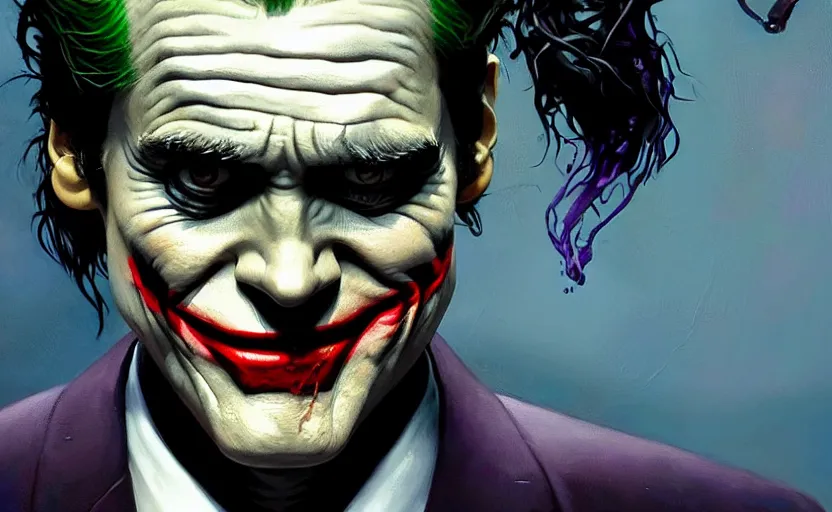 Image similar to highly detailed portrait of jim carrey as the joker wearing a suit, in batman comic book, stephen bliss, unreal engine, fantasy art by greg rutkowski, loish, rhads, ferdinand knab, makoto shinkai and lois van baarle, ilya kuvshinov, rossdraws, tom bagshaw, global illumination, radiant light, detailed and intricate environment