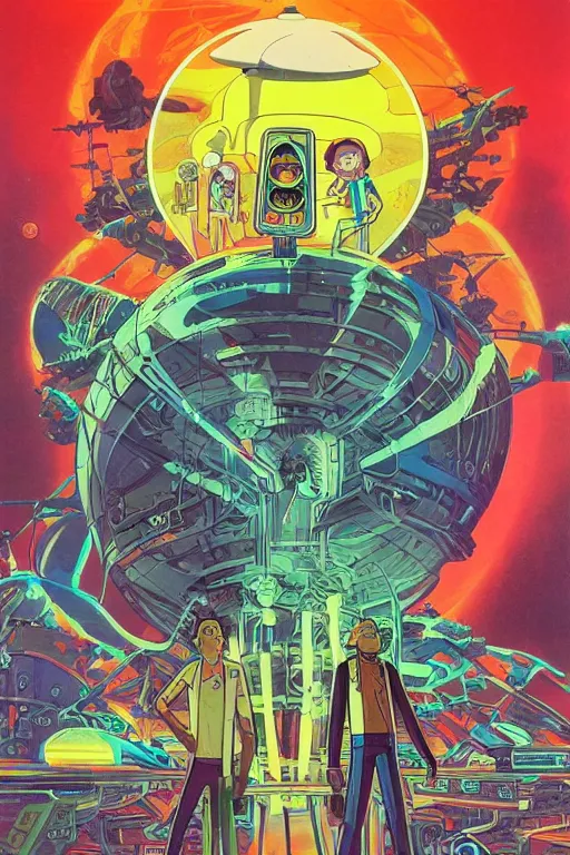 Image similar to Rick and Morty, science fiction, retro cover, high details, intricate details, by vincent di fate, artgerm julie bell beeple, 60s, inking, vintage 60s print, screen print