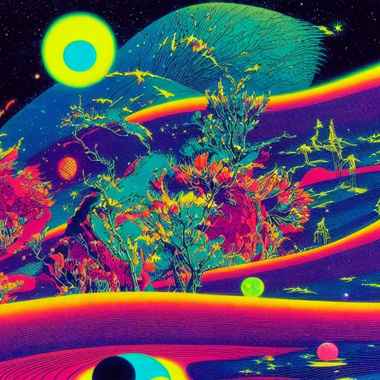 Image similar to edge of interstellar space, bright neon colors, highly detailed, cinematic, hiroo isono, eyvind earle, philippe druillet, roger dean, lisa frank, aubrey beardsley, ernst haeckel