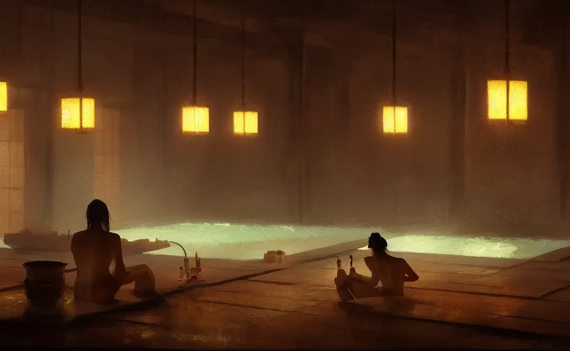 Image similar to painting of an interior Japanese bathhouse with candles by Greg Rutkowski and Craig Mullins, Dark atmospheric sad and cinematic lighting, Trending on artstation