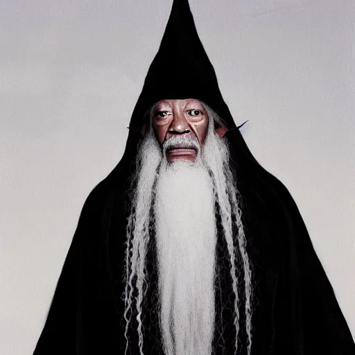 Image similar to evil morgan freeman as evil wizard saurman the white, long white hair and white beard, beautiful pure white warlock flowing robes, long black wizard staff by alan lee, lord of the rings, smooth, oil painting, matte painting, concept art, trending on artstation, promotional artwork, film still, elegant, photorealistic facial features, intricate, detailed face, cinematic lighting