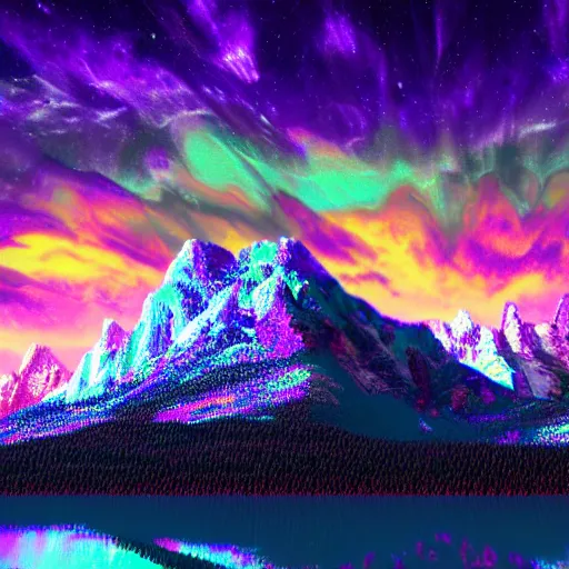 Prompt: Mountain bright HD 4k Realistic colorful dream lights crystal vaporwave in the style of Ansel Adams
