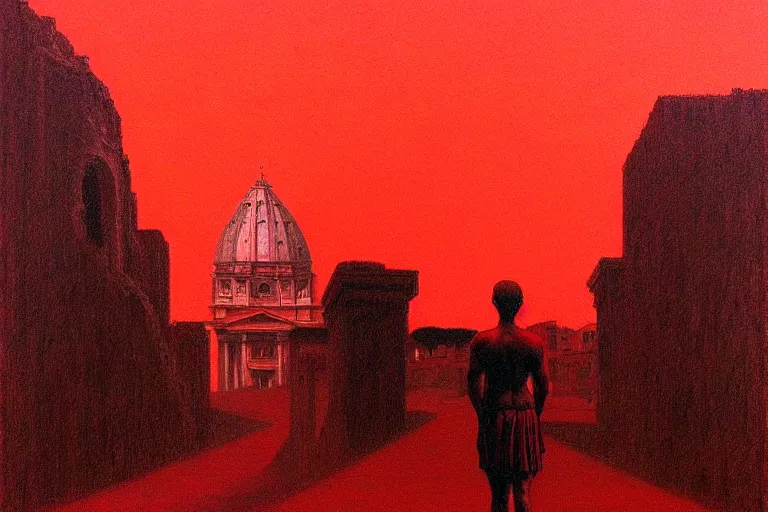 Image similar to only with red, caesar, in hoc signo vinces, rome on background, an ancient path, in the style of beksinski, part by hopper, part by rodcenko, part by hofbauer, intricate composition, red by caravaggio, insanely quality, highly detailed, masterpiece, red light, artstation